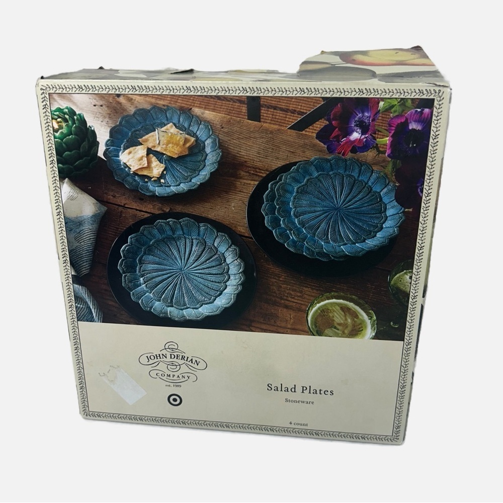 NIB Target John Derian Stoneware Feather Salad Plates Set of 4 Blue 9x1”